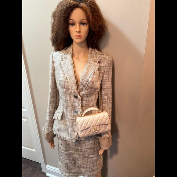 Georgiou Cream/Olive/Gold Tweed Blazer and Shirt Suit, Size 10 - Picture 2 of 16